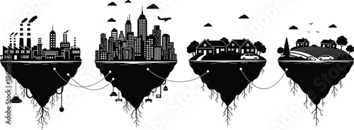 Floating Island Silhouette Set Featuring Industrial Factory City Skyline Residential Suburbs and Rural Farm Landscapes Linked for Sustainable Urban Planning Design