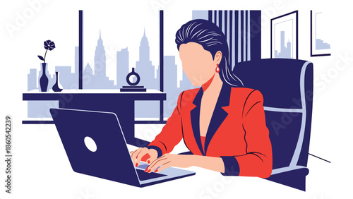 Modern vector illustration of confident woman working in luxury penthouse with city skyline view, success, wealth, and executive lifestyle concept