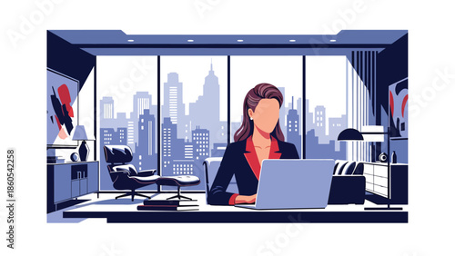 Modern vector illustration of confident woman working in luxury penthouse with city skyline view, success, wealth, and executive lifestyle concept