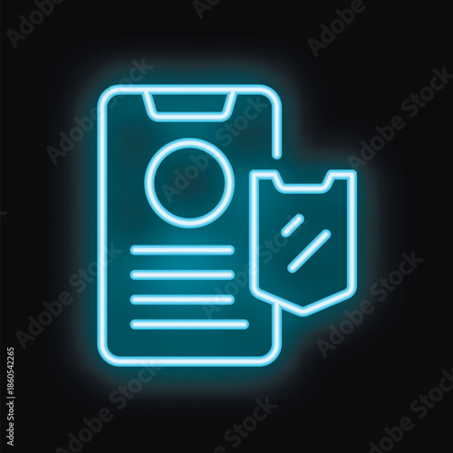 Neon blue icon glowing on a black background represents a smartphone with a shield, symbolizing mobile phone security