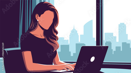 Modern vector illustration of confident woman working in luxury penthouse with city skyline view, success, wealth, and executive lifestyle concept