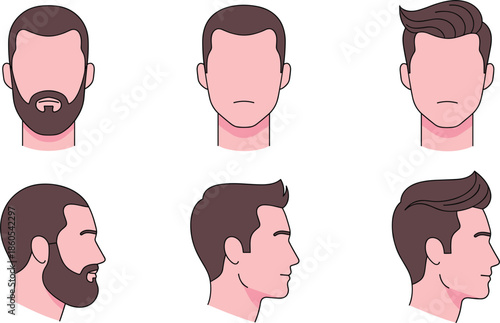 Faceless male head character set with different hairstyles beard styles front and side views isolated flat vector
