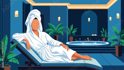 Modern vector illustration of woman relaxing at luxury spa, wellness, self-care, and premium beauty lifestyle concept ideal for health branding