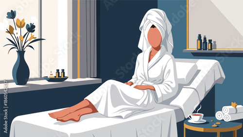 Modern vector illustration of woman relaxing at luxury spa, wellness, self-care, and premium beauty lifestyle concept ideal for health branding