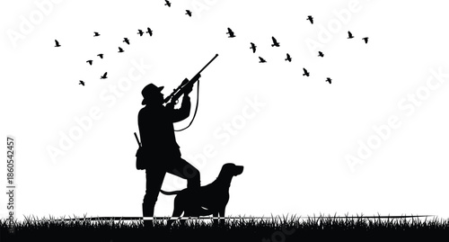 Black Silhouette of a Hunter with Rifle and Gun Dog Standing in Field with Flock of Birds Flying Overhead Outdoors