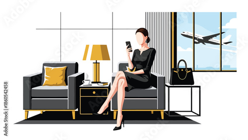 Modern vector illustration of elegant woman using smartphone in first-class airport lounge, premium business travel and luxury mobility concept