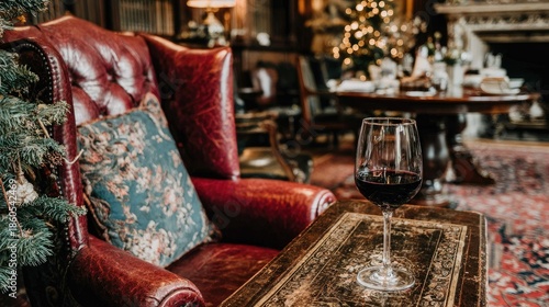 Red wine in a glass sits on an antique table near a Christmas tree.