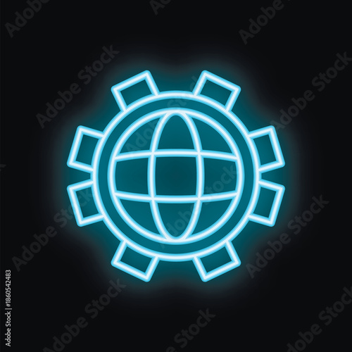 Neon blue icon of a globe surrounded by a mechanical gear representing global industry on a black background
