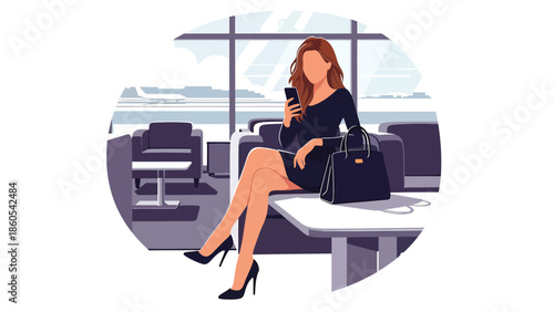 Modern vector illustration of elegant woman using smartphone in first-class airport lounge, premium business travel and luxury mobility concept