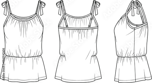 Women sleeveless romper technical drawing, fashion flat jumpsuit illustration with front back side views, cad drawing flat vector illustration