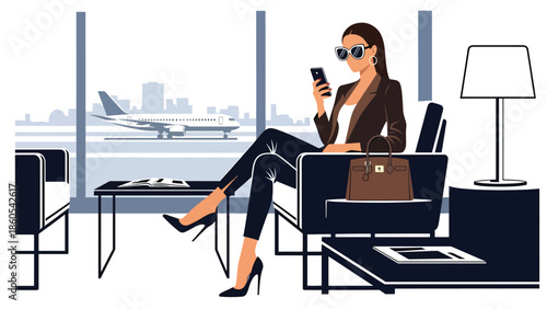 Modern vector illustration of elegant woman using smartphone in first-class airport lounge, premium business travel and luxury mobility concept