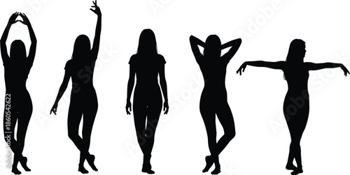 Graceful Woman Dancer Silhouettes Set with Elegant Poses Slim Female Figures Performing Ballet and Modern Dance Isolated on White Background (20 words)
