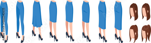 Female lower body character set with skirt and pants variations side views and hairstyle options isolated flat vector