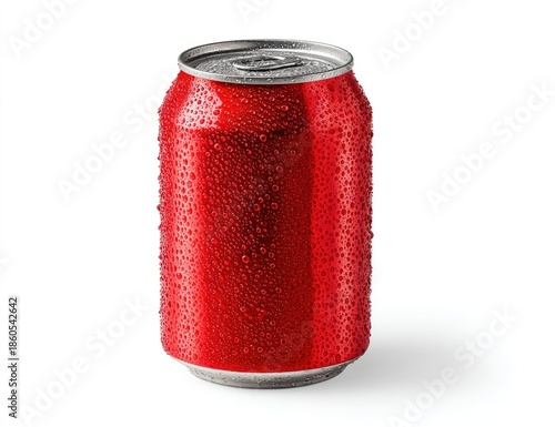 Chilled red beverage can covered in condensation droplets.