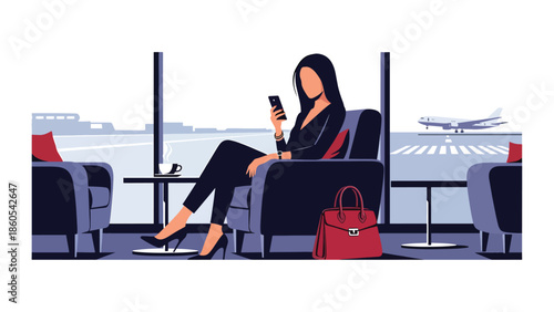 Modern vector illustration of elegant woman using smartphone in first-class airport lounge, premium business travel and luxury mobility concept