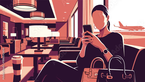 Modern vector illustration of elegant woman using smartphone in first-class airport lounge, premium business travel and luxury mobility concept