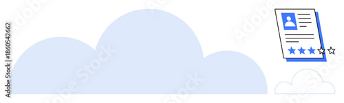 Large light-blue cloud and smaller clouds in background. A floating profile resume with star rating overlay. Ideal for recruitment, HR, cloud storage, digital profiles, ratings, analytics