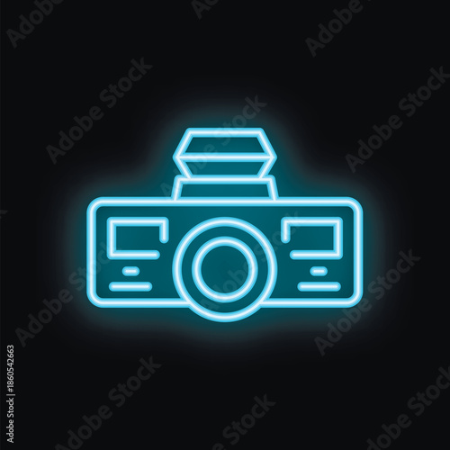 Neon icon of a camera flashing light, great for photographers or photography businesses