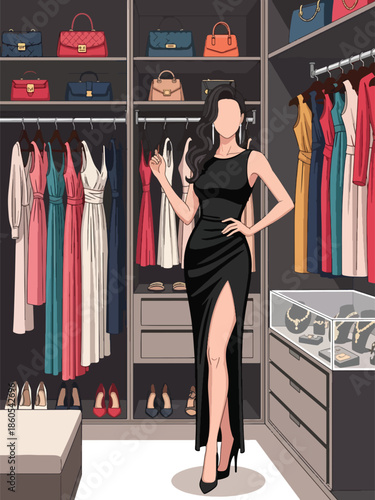 Modern vector illustration of fashionable woman in luxury walk-in closet, high-end fashion, elegance, and premium lifestyle concept