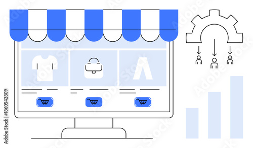 E-commerce business. E-commerce platform online shopping items with shopping cart icons. Includes automation and analytics symbols for online retail optimization. For retail, automation, marketing