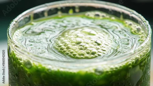 A refreshing glass of vibrant green juice with a frothy texture