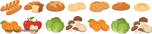 Fresh bakery bread and healthy food illustration set with fruits vegetables mushrooms isolated on white background flat vector