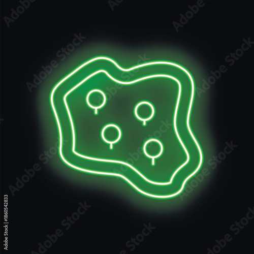 Green neon style icon of a virus glowing on a black background