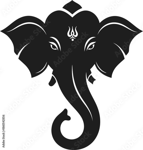 Black and white illustration of Ganesha's head with large ears and trunk