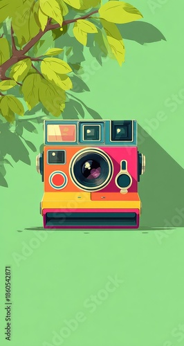 Vintage camera rests beneath a shady tree on a bright green surface.