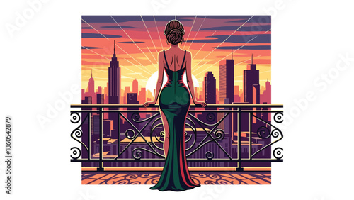 Modern vector illustration of elegant woman standing on balcony overlooking city skyline, aspirational success and luxury lifestyle concept