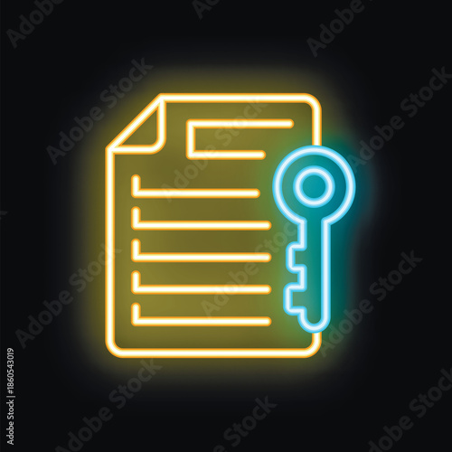 Neon key unlocking a document, representing data protection and access control in the digital age