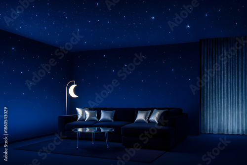 Serene dark blue room interior with starry night ceiling soft moonlight lamp and modern sofa