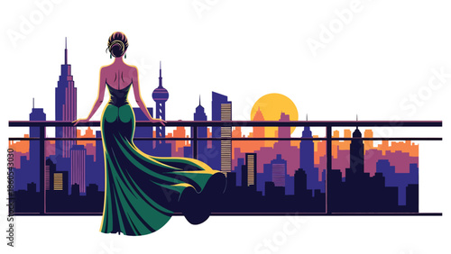 Modern vector illustration of elegant woman standing on balcony overlooking city skyline, aspirational success and luxury lifestyle concept