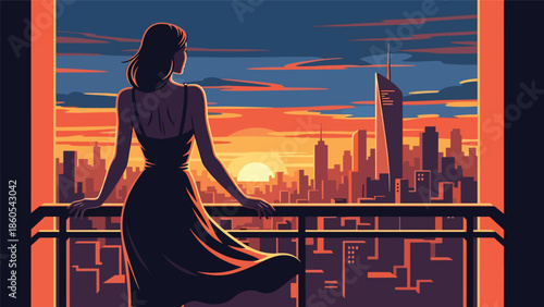 Modern vector illustration of elegant woman standing on balcony overlooking city skyline, aspirational success and luxury lifestyle concept