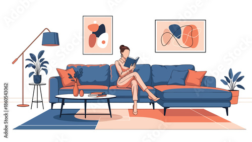 Modern vector illustration of elegant woman reading on designer sofa, calm luxury lifestyle and refined leisure concept