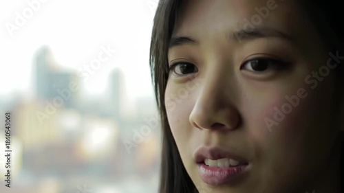 A young woman with long dark hair and a subtle, enigmatic smile gazes downward, her eyes closed in a moment of contemplation or serenity, set against a blurred cityscape background
