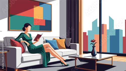 Modern vector illustration of elegant woman reading on designer sofa, calm luxury lifestyle and refined leisure concept