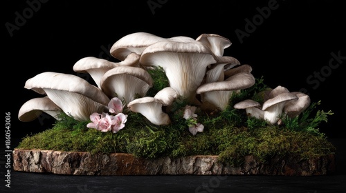 Pale grey oyster mushrooms grow on mossy wood with pink blossoms.