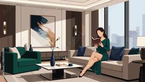 Modern vector illustration of elegant woman reading on designer sofa, calm luxury lifestyle and refined leisure concept