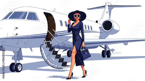 Modern vector illustration of stylish woman boarding private jet, elite travel, wealth, and luxury lifestyle concept