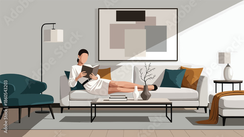 Modern vector illustration of elegant woman reading on designer sofa, calm luxury lifestyle and refined leisure concept