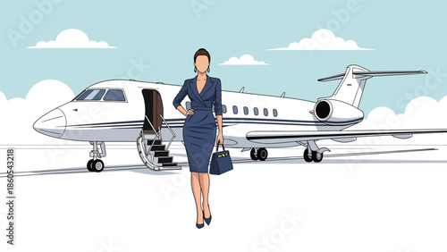 Modern vector illustration of stylish woman boarding private jet, elite travel, wealth, and luxury lifestyle concept