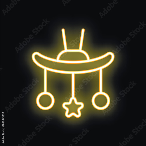 Yellow glowing neon line baby mobile icon isolated on black background