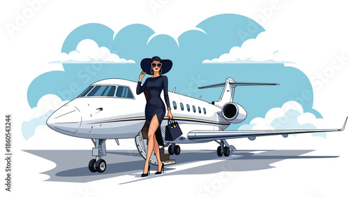Modern vector illustration of stylish woman boarding private jet, elite travel, wealth, and luxury lifestyle concept