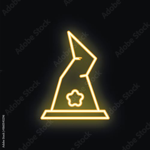 Neon yellow glowing witch hat with star on dark background, perfect for halloween projects