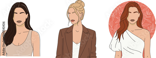 Modern faceless women fashion portraits set with elegant hairstyles outfits and minimal flat vector illustration