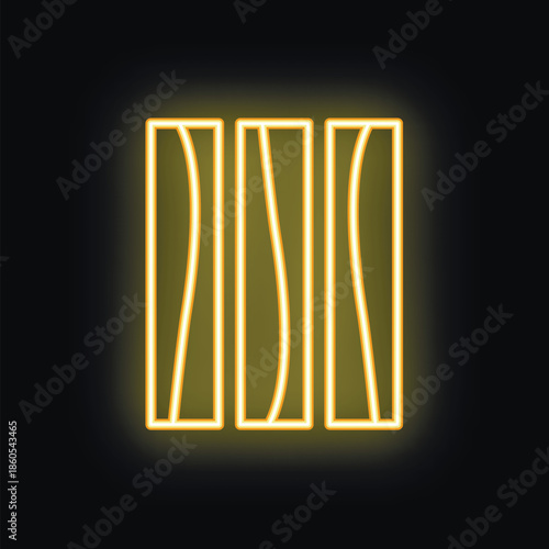 Neon sign of three wooden planks glowing yellow against a dark wall