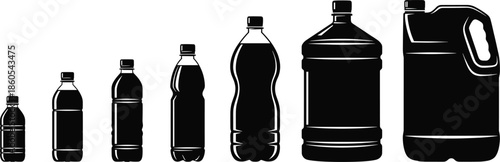 Plastic bottle size comparison silhouette set showing different water container volumes isolated on white background vector