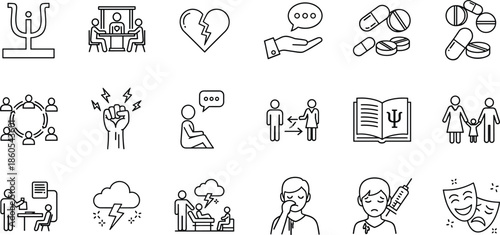 Psychology and mental health line icon set with therapy emotion stress medication family and counseling symbols flat vector