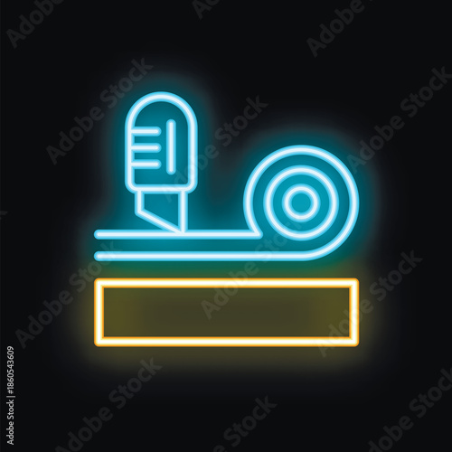 Blue and yellow neon sign of a utility knife cutting material on a table on a black background